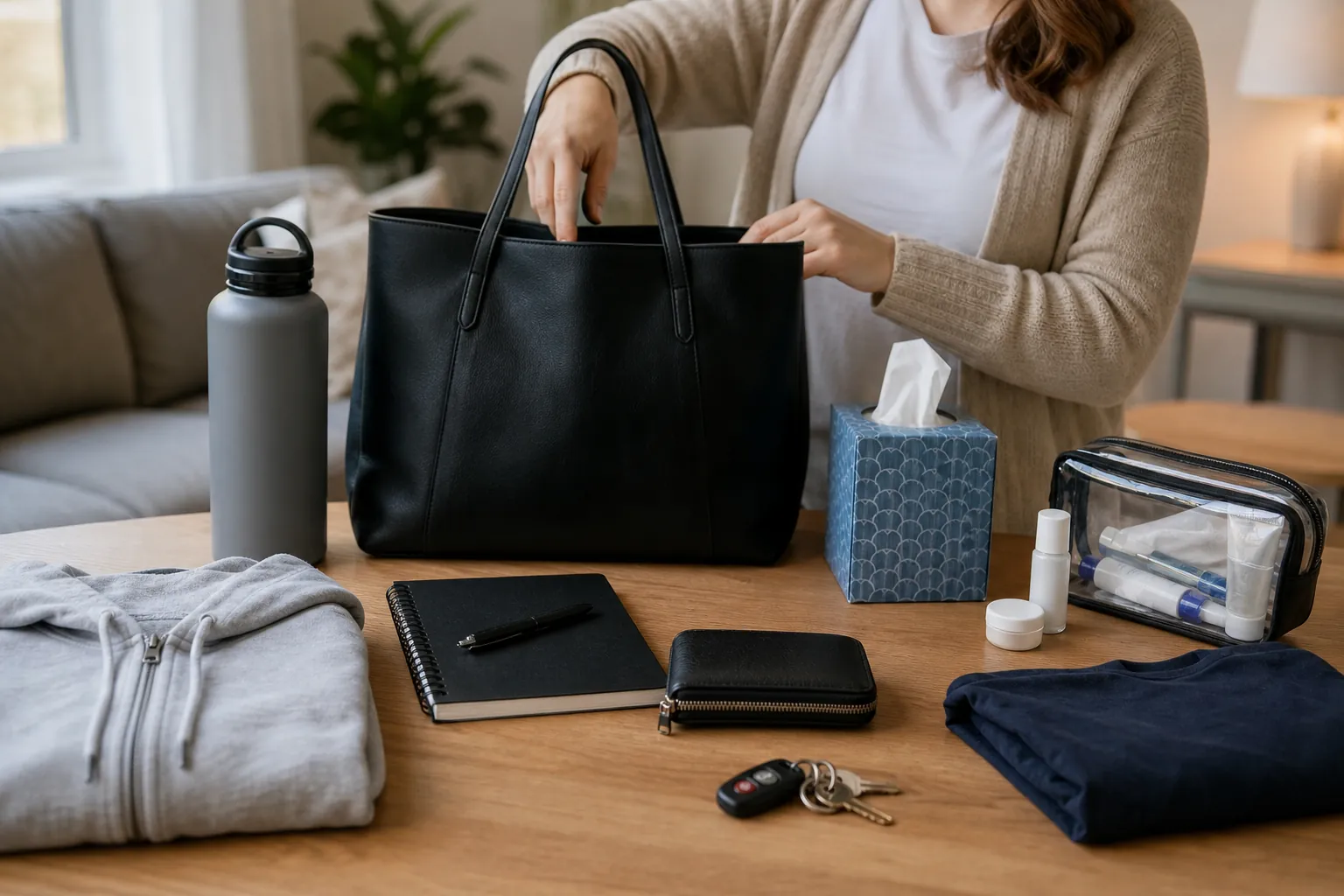 A woman packs a black tote at a table with keys, a notebook, a water bottle, folded clothes, tissues, and toiletries.