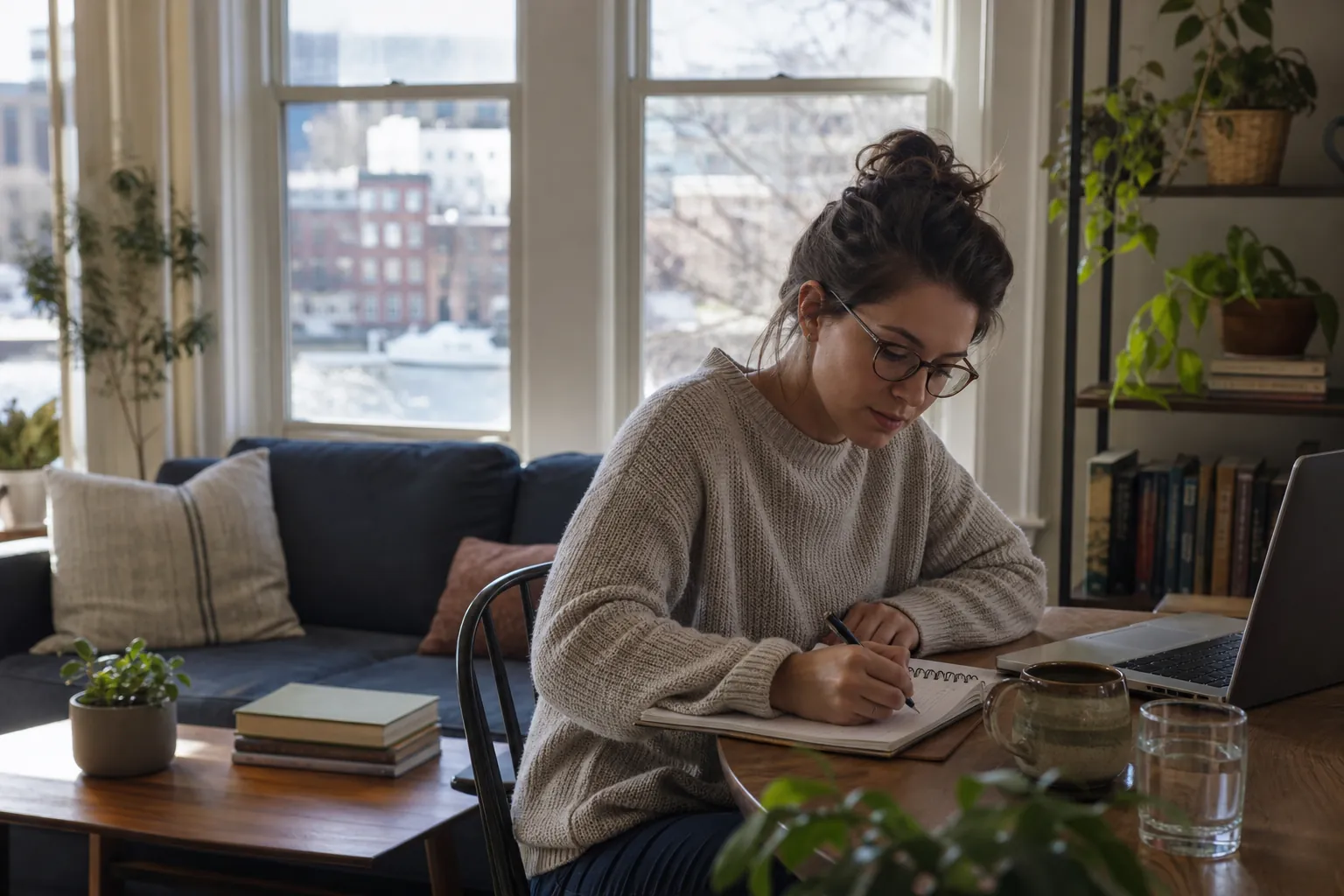 Woman writing in a notebook beside a laptop