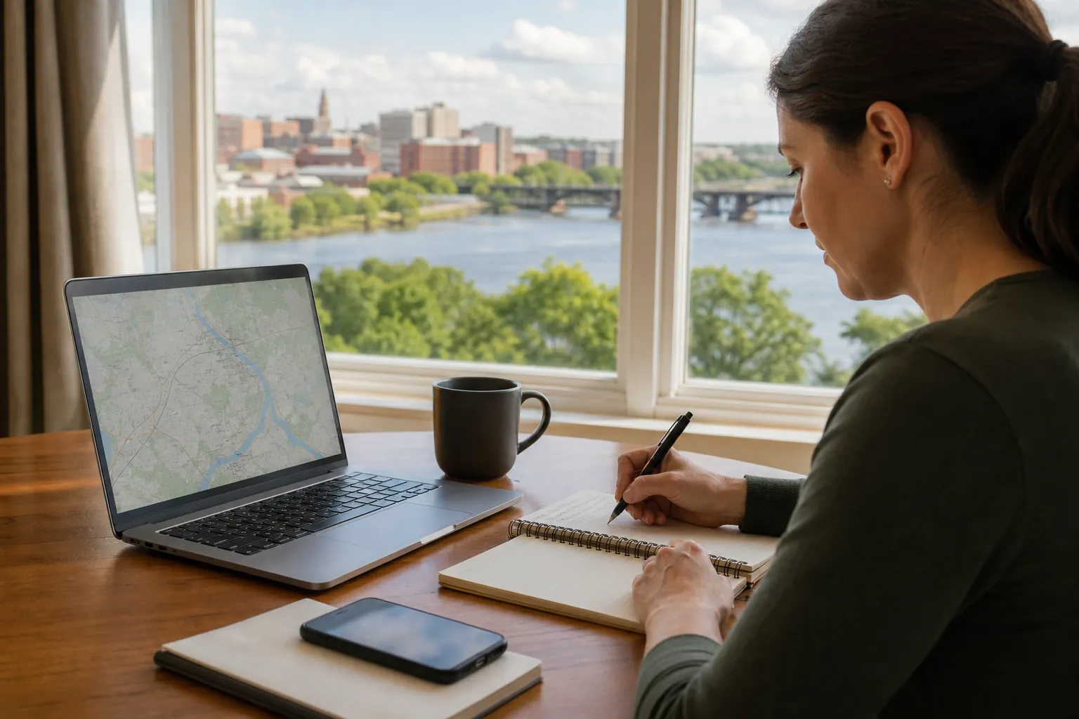 Planning daily travel with a map and notes Woman reviews a map on a laptop and takes notes at a desk overlooking a river and city skyline.