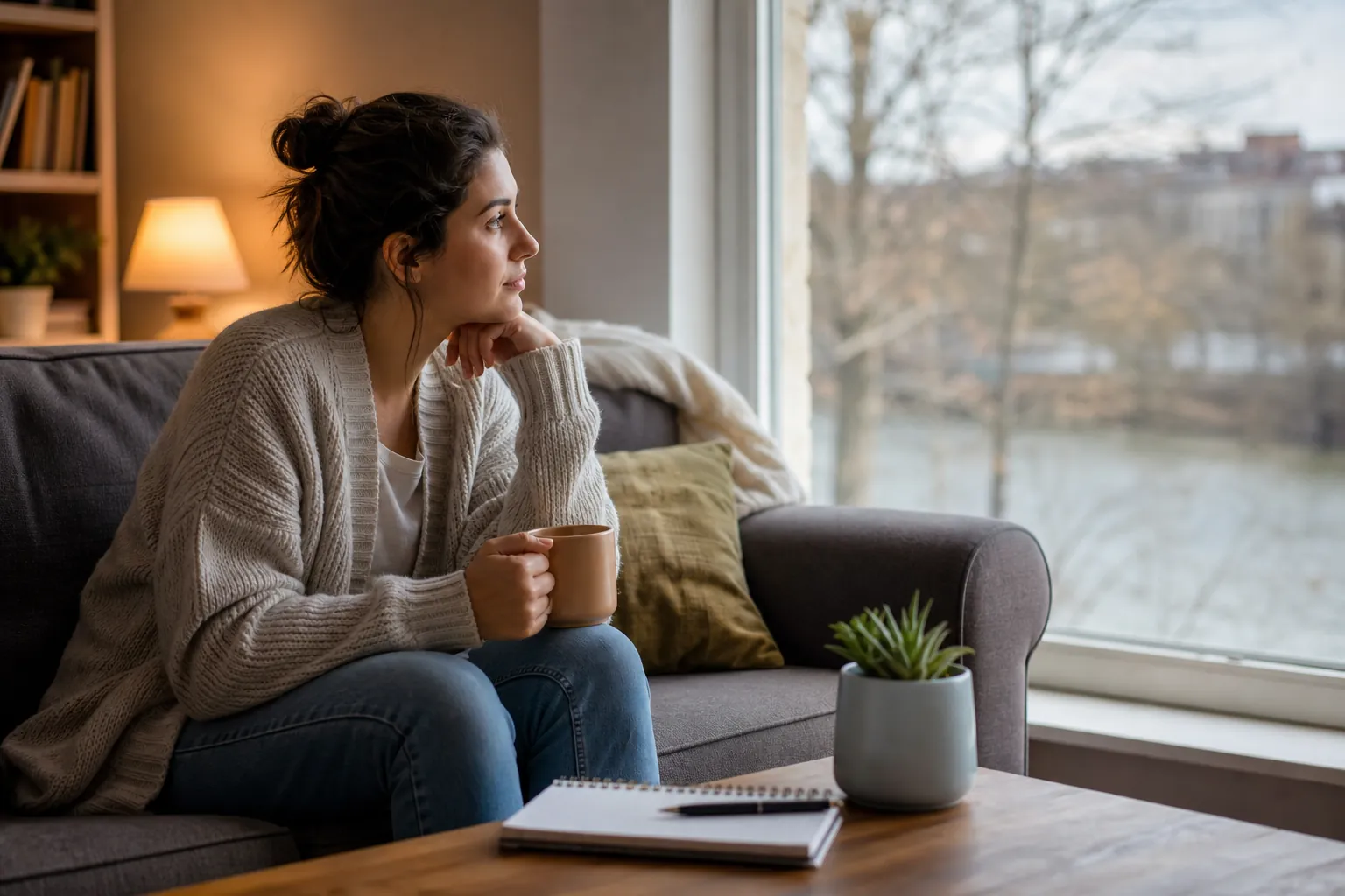 Thoughtful woman considering care options at home A thoughtful woman holding a mug sits by a large window with a notebook and pen on the coffee table.