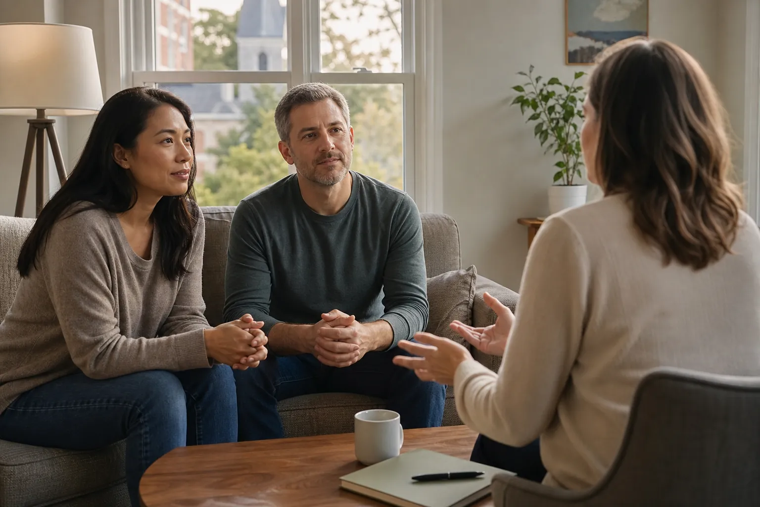 Adults Meeting With a Counselor in a Comfortable Office Two adults sit on a sofa listening to a counselor during a therapy session in a bright, comfortable office.