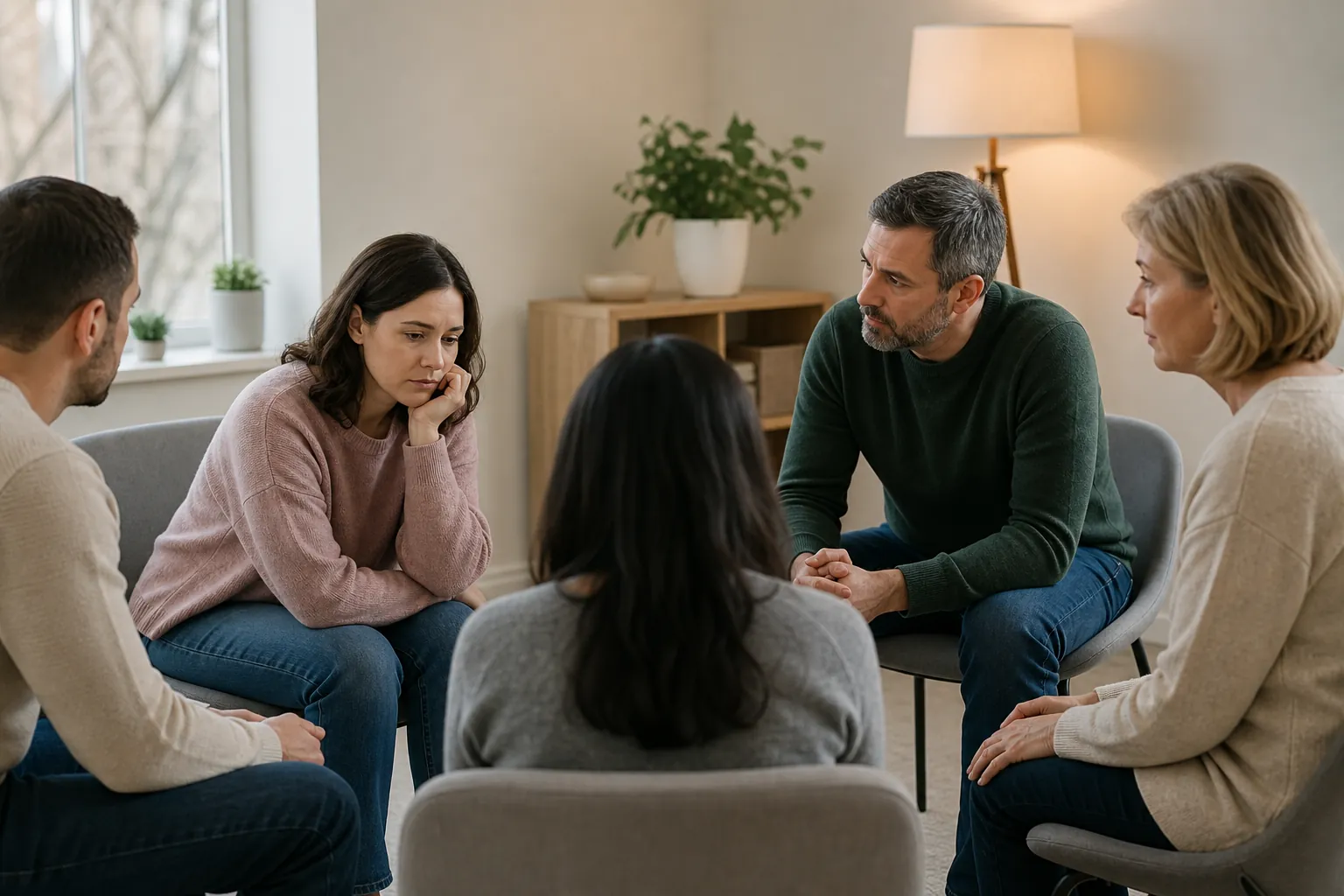 Adults Participating in a Group Support Session Five adults sit in a circle during a serious group therapy or behavioral health support session.