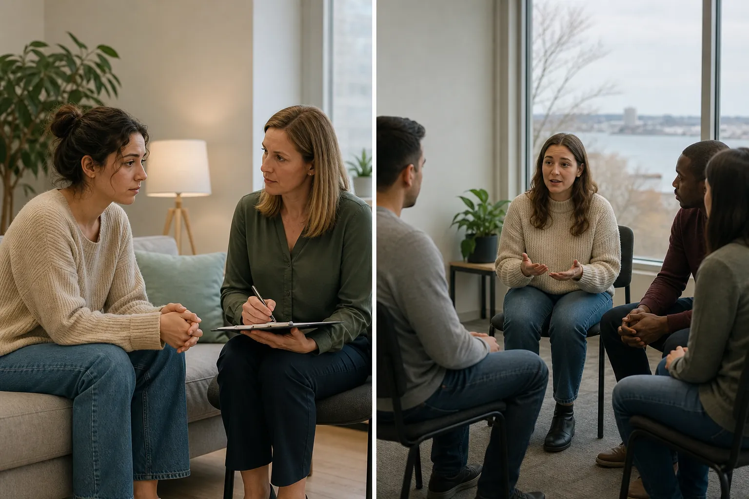 Individual Counseling and Group Therapy Comparison Split scene showing a woman in individual counseling and speaking with peers in a seated therapy group.