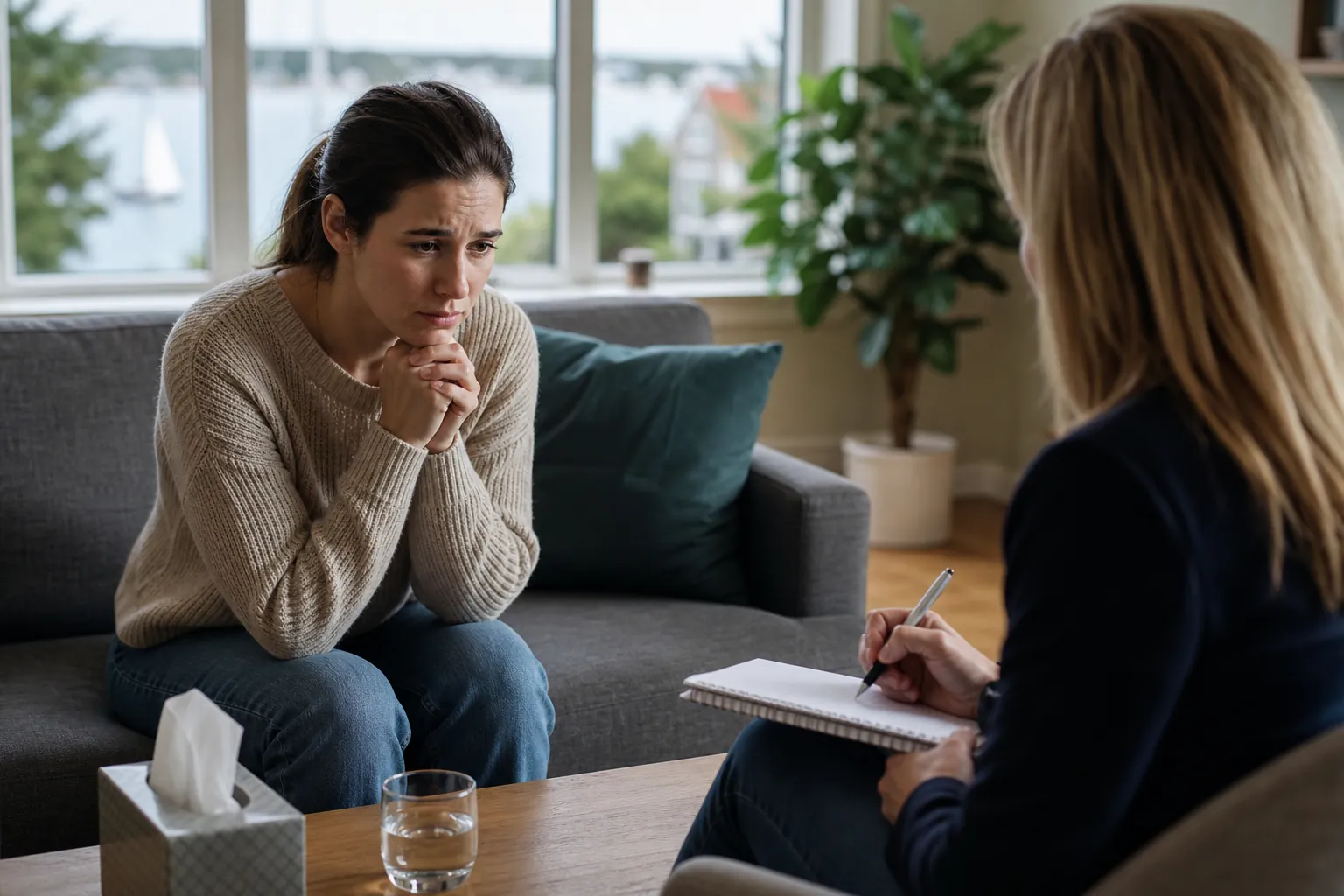 Woman Discussing Anxiety With a Therapist A distressed woman sits on a sofa with clasped hands while a therapist takes notes during a counseling session.