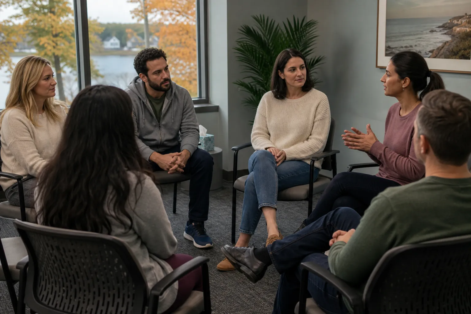 Adults Participating in a Structured Group Therapy Session Six adults sit in a circle during a structured group therapy session as one woman speaks to the group.