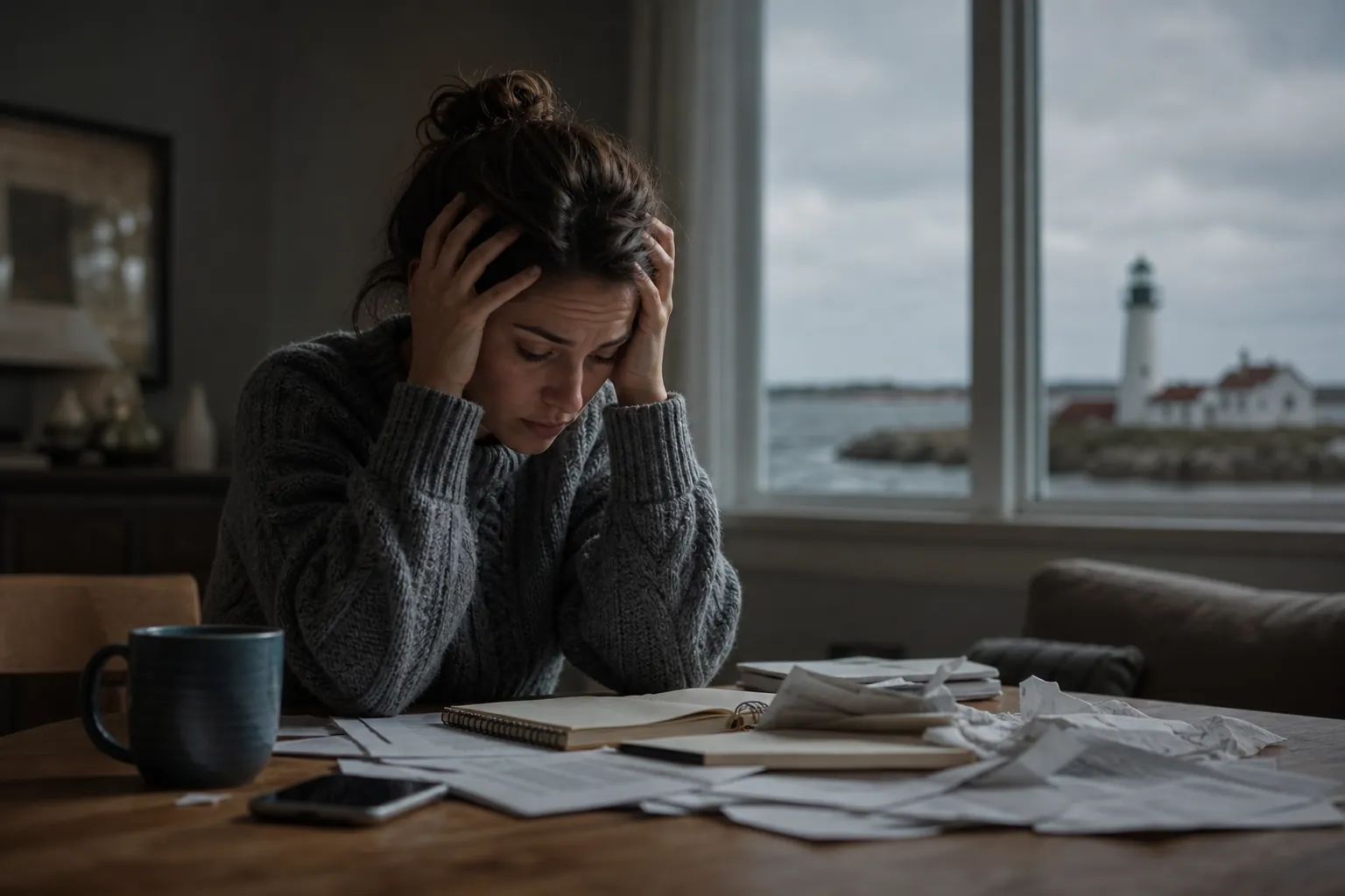 Distressed woman overwhelmed at a table Distressed woman holds her head at a table covered with papers and a notebook, with a lighthouse visible through the window.