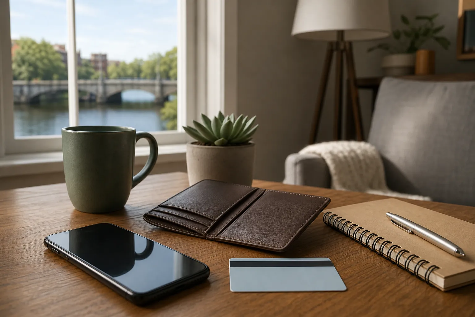 Phone and plain card beside a wallet