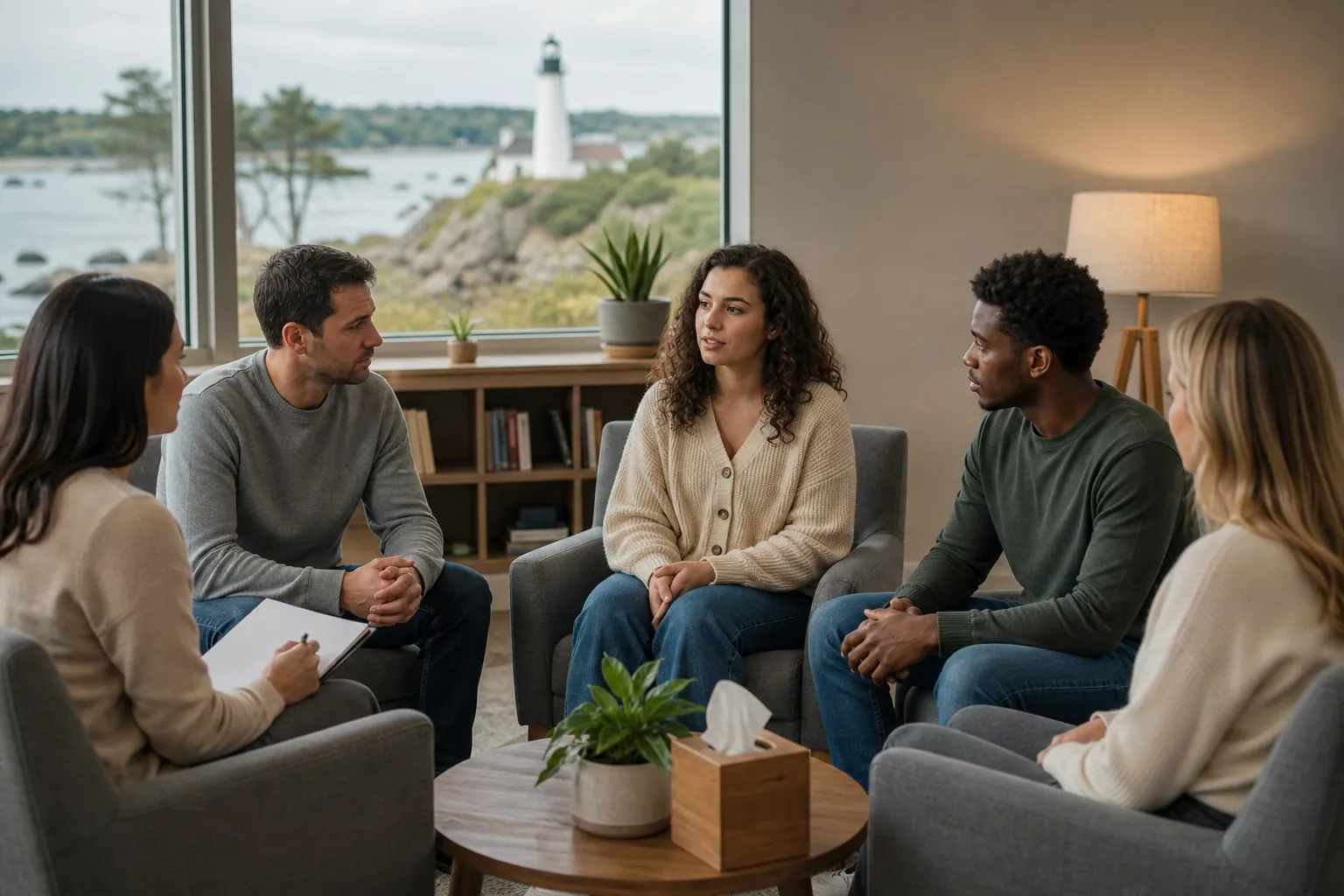 Behavioral Health Group Therapy Session (next step) Five adults participate in a behavioral health group therapy session in a coastal office overlooking a lighthouse.