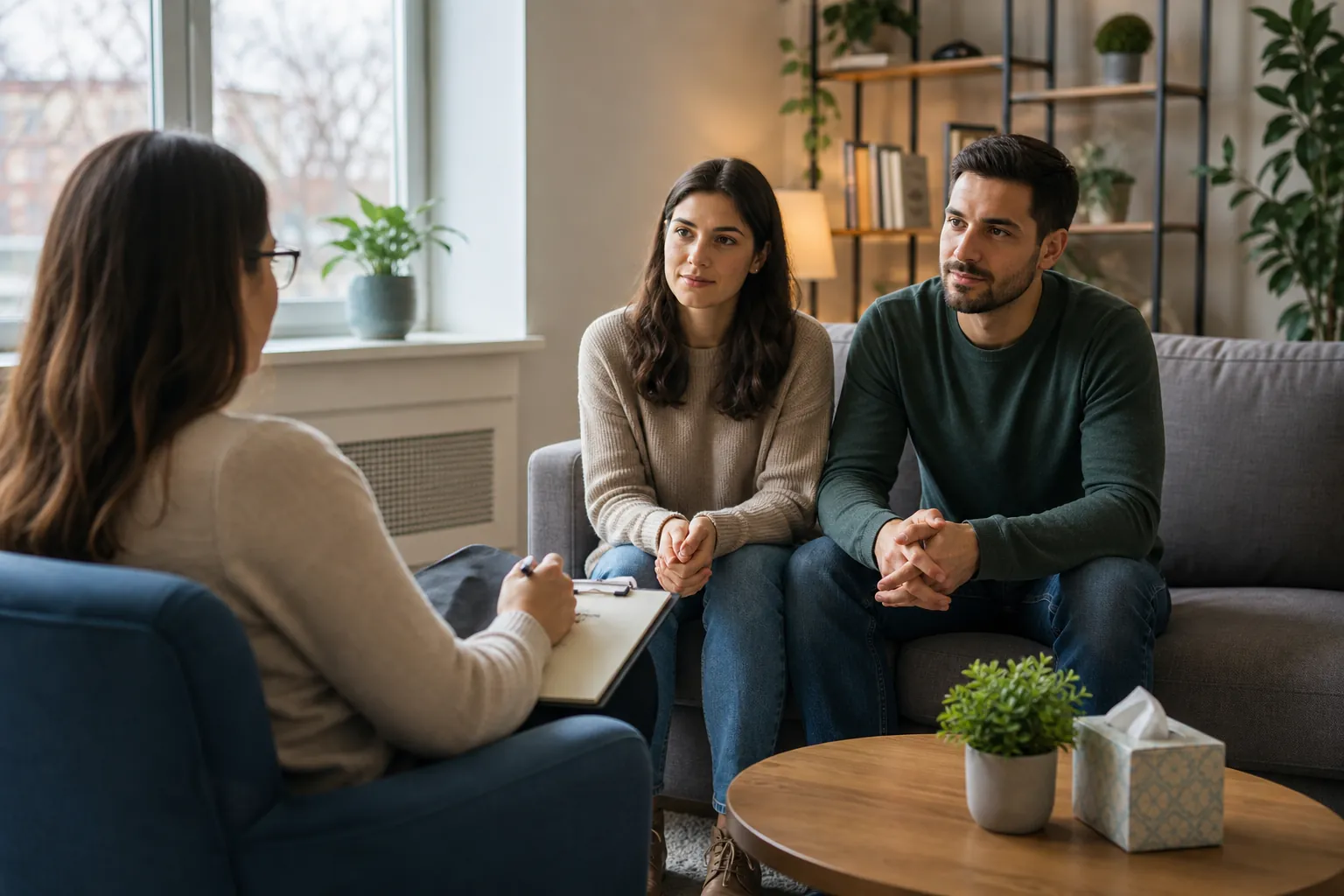 Couple Meeting With a Behavioral Health Therapist (detail) A therapist with a clipboard speaks with a couple seated together on a sofa in a calm, plant-filled counseling office.
