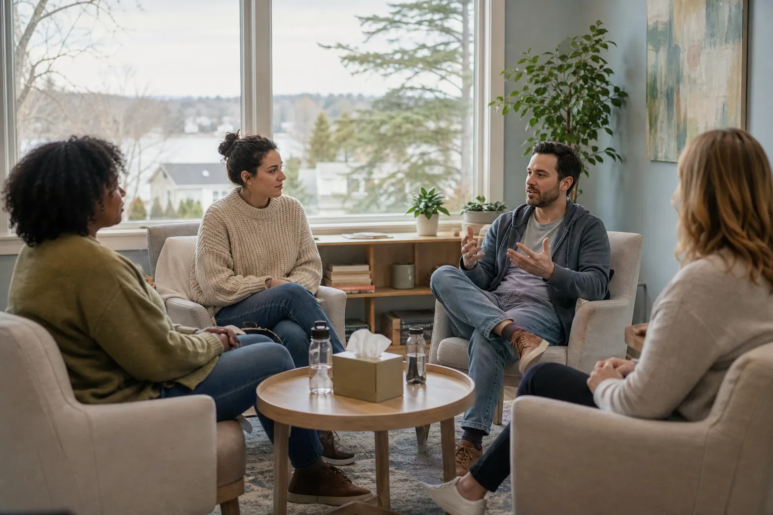 Group Therapy Discussion During a Treatment Day Four adults sit in armchairs during a group therapy discussion in a bright room with large windows.