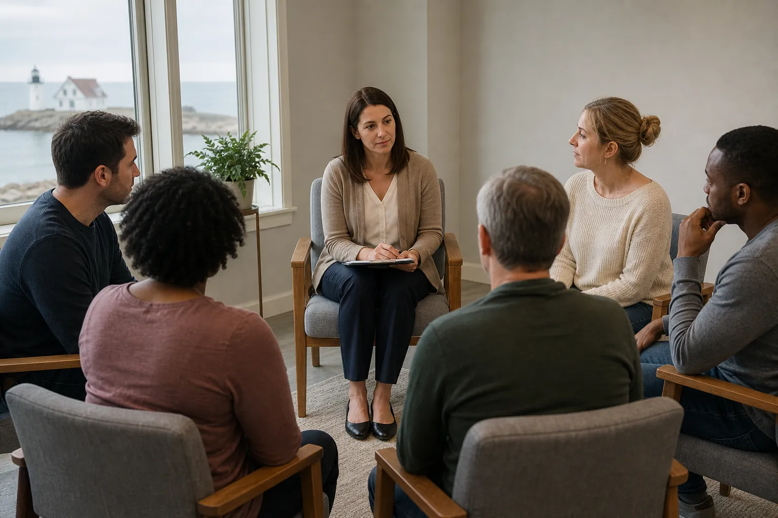 Mental Health Group Therapy Session With Facilitator Six adults sit in a circle with a facilitator holding a notepad during a mental health group therapy session.