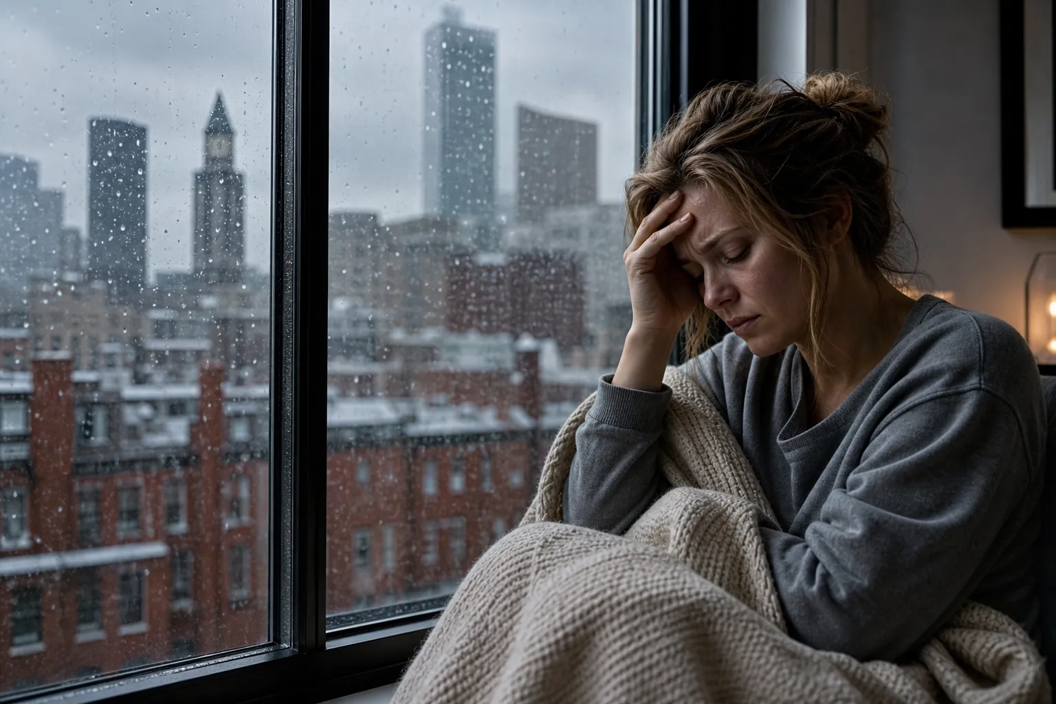 Distressed woman sitting beside a rainy city window Distressed woman wrapped in a blanket sits by a rain-covered window, resting her hand on her forehead.