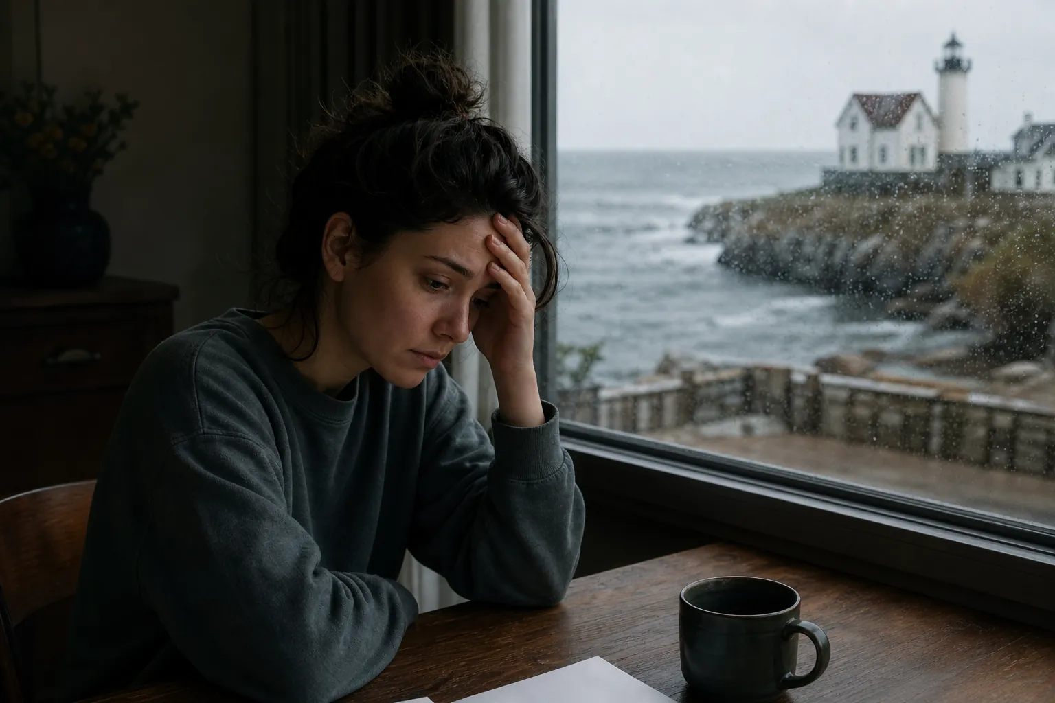 Distressed Woman by a Rainy Coastal Window Distressed woman holding her forehead at a table beside a rainy window overlooking the sea and a lighthouse.