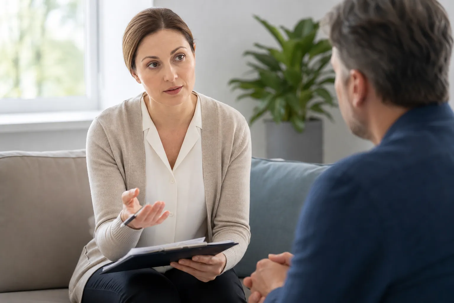 A seated conversation with a folder and pen An adult holding a folder and gesturing with a pen during a seated conversation.
