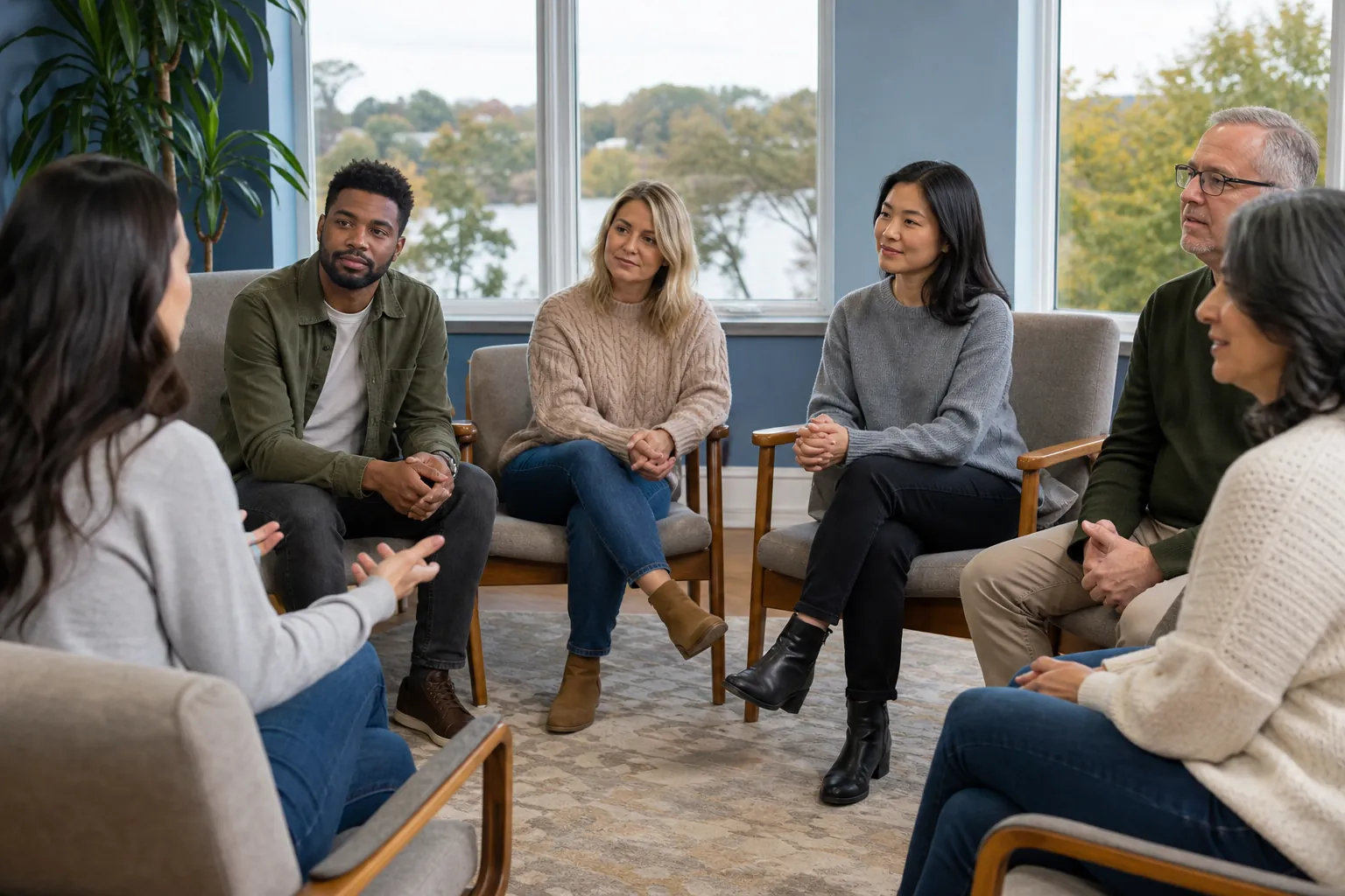 Adults Participating in a Group Therapy Session Six adults sit in a circle of chairs during a group therapy discussion in a bright room with large windows.