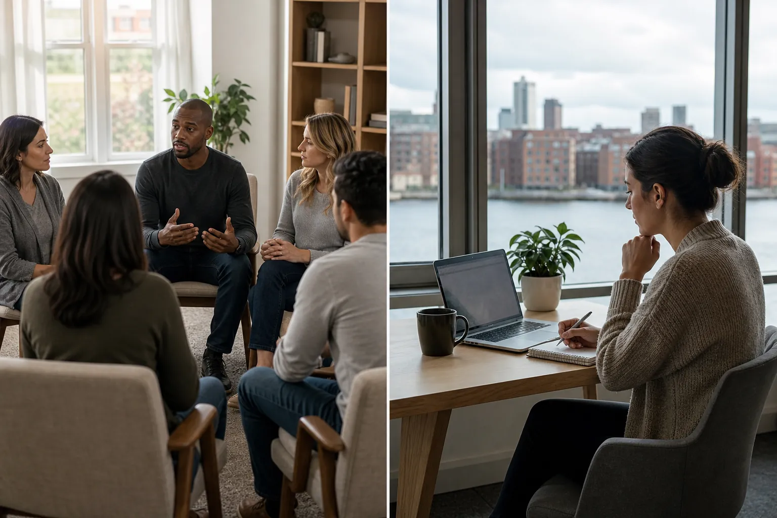 Split scene showing a therapist-led support group and a woman attending a remote session at a laptop.