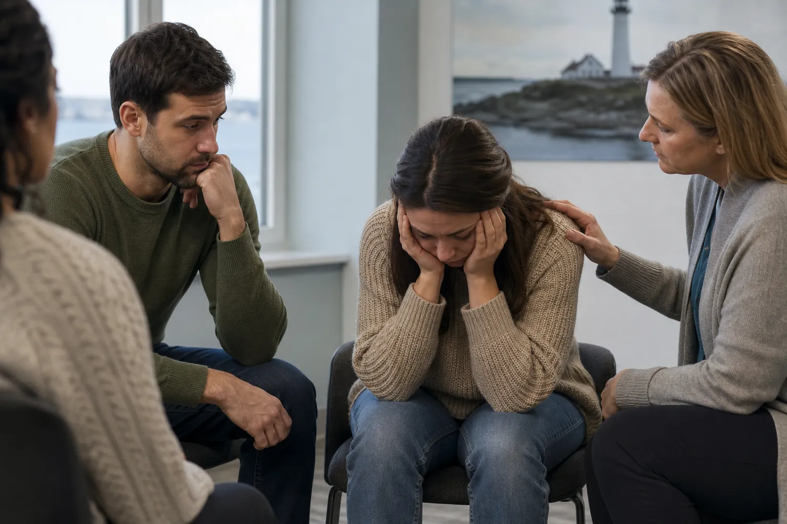 A distressed woman holds her face as three people offer support during a small mental health group session.