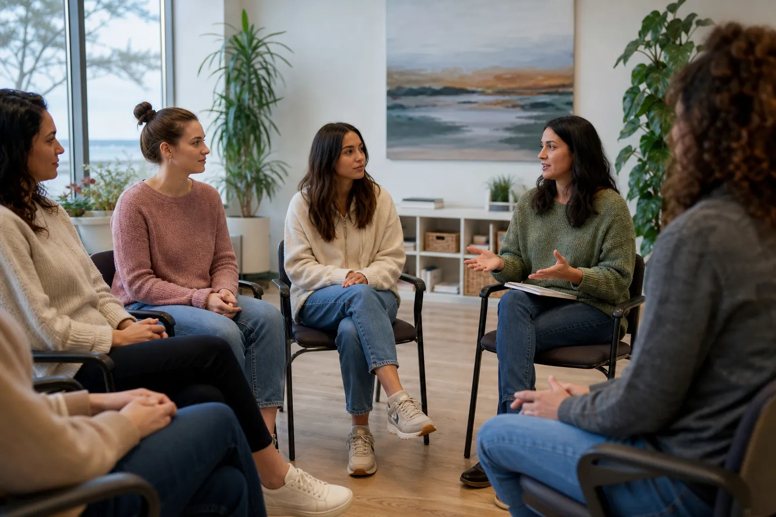 Six women sit in a circle during a therapist-led group session in a bright, plant-filled counseling room.