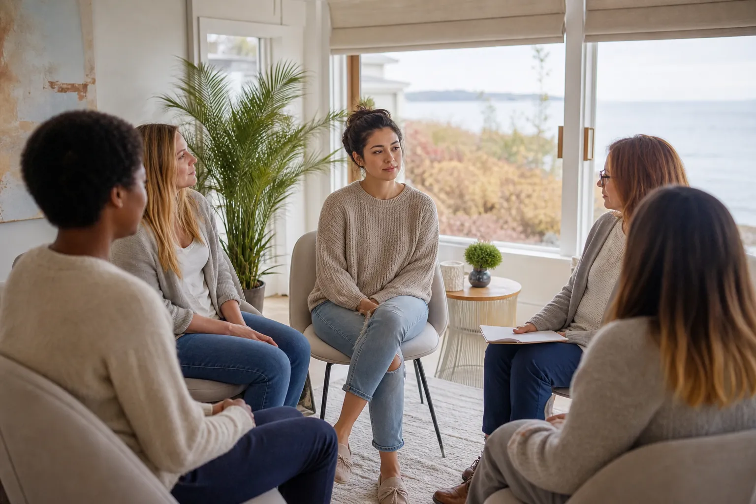 Five women sit in a circle for a structured group therapy session in a bright room overlooking the water.