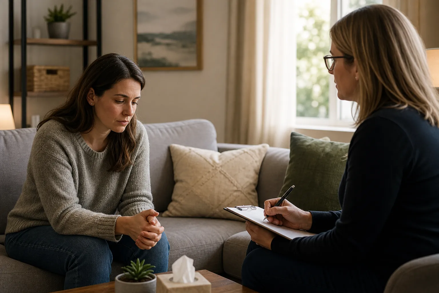A downcast woman sits on a gray sofa with her hands clasped while another woman holds a pen and clipboard opposite her.