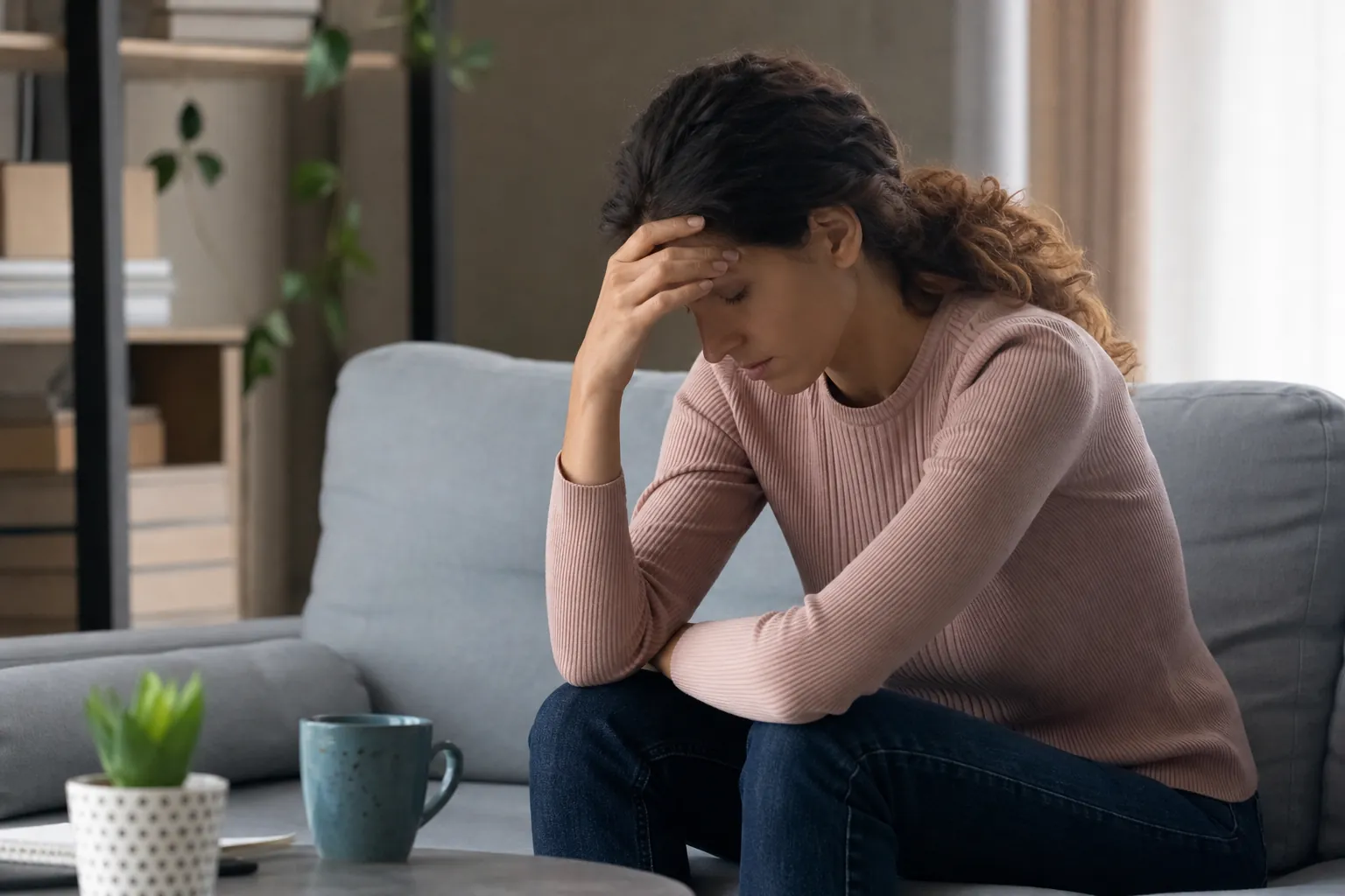 A woman in a pink sweater sits leaning forward on a gray sofa, resting one hand on her forehead with her eyes lowered.