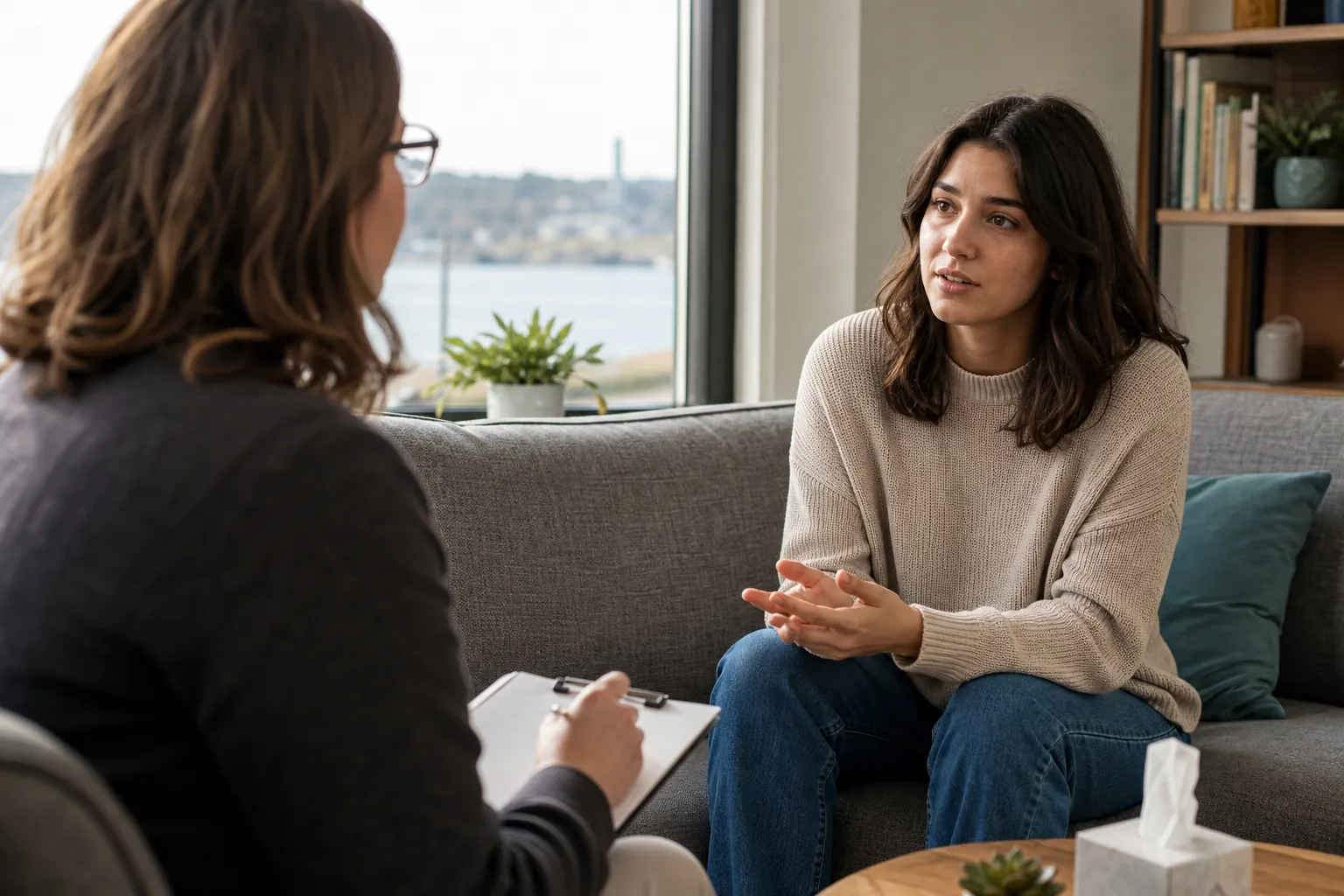 Therapist and client discuss treatment goals A therapist holding a clipboard listens as a seated woman gestures during a counseling session in a bright office.