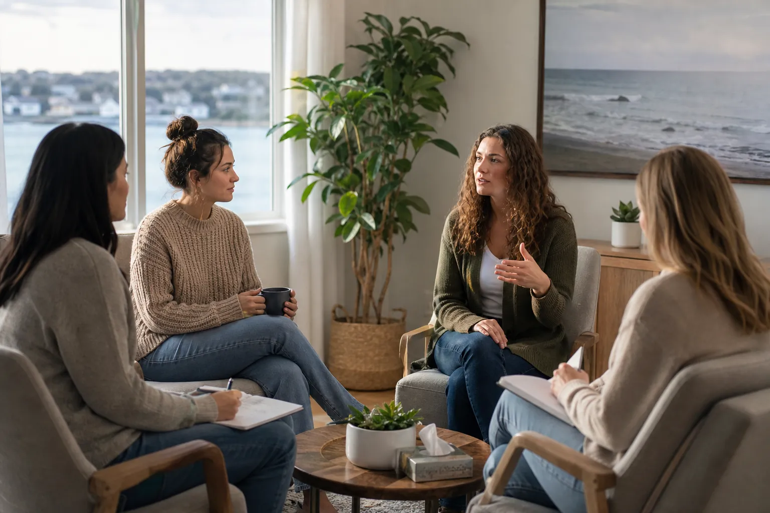 Women Practicing Emotion Regulation Skills in Group Therapy Four women sit in a therapy group as one speaks and gestures while two participants take notes.
