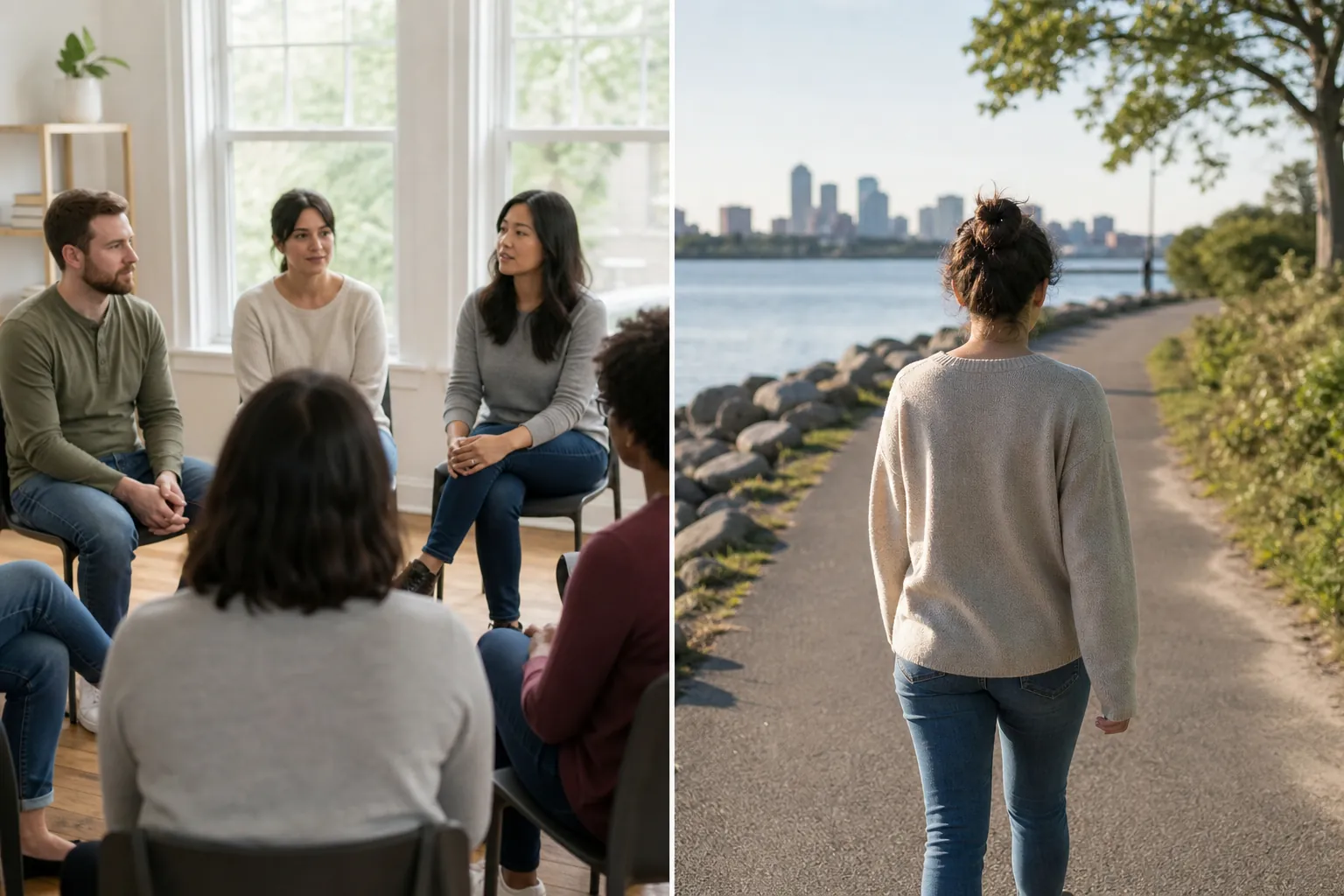 Split scene of adults in a therapy group and a woman walking alone on a waterfront path toward a city skyline.
