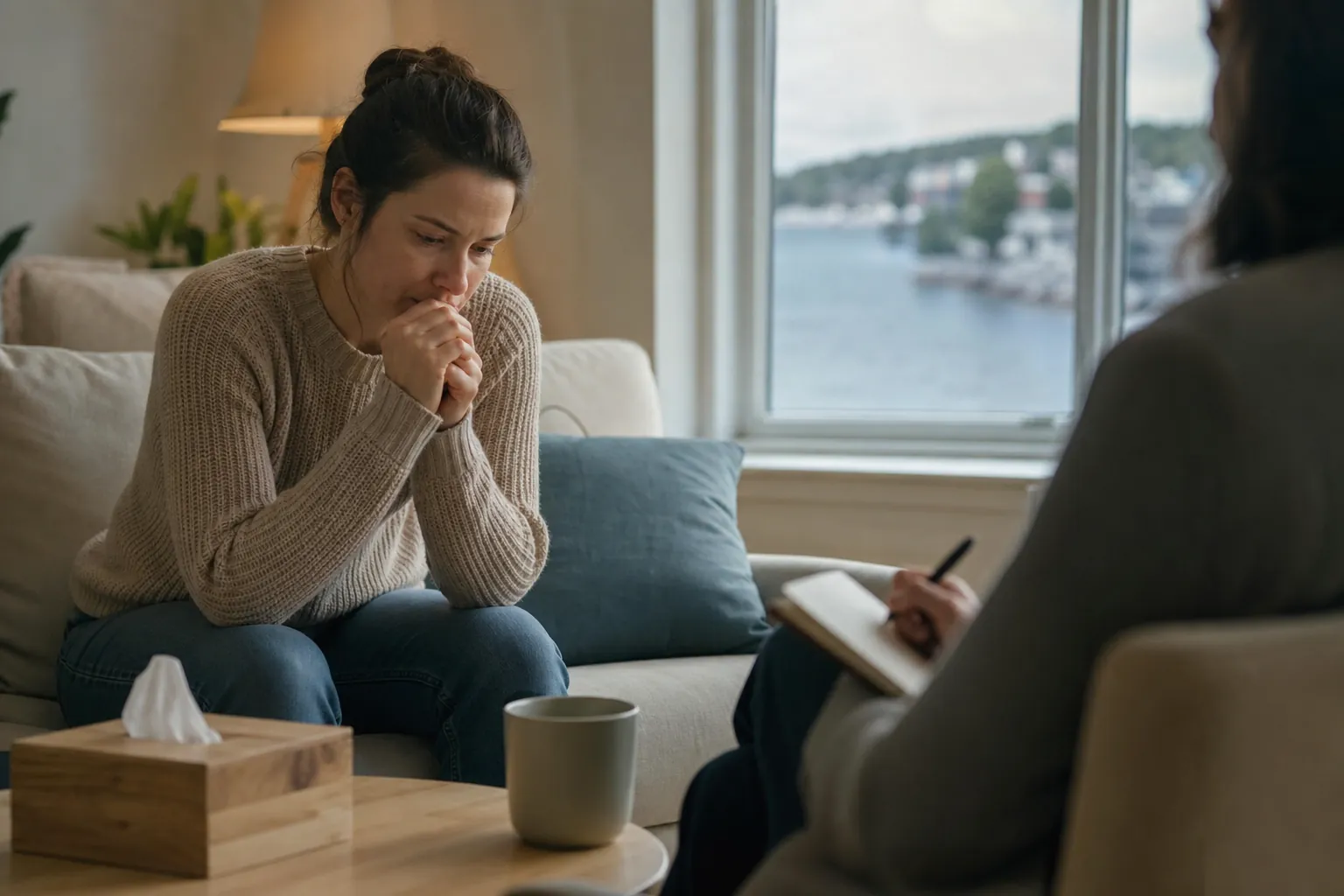Distressed woman clasping her hands while a therapist takes notes during a counseling session at home.