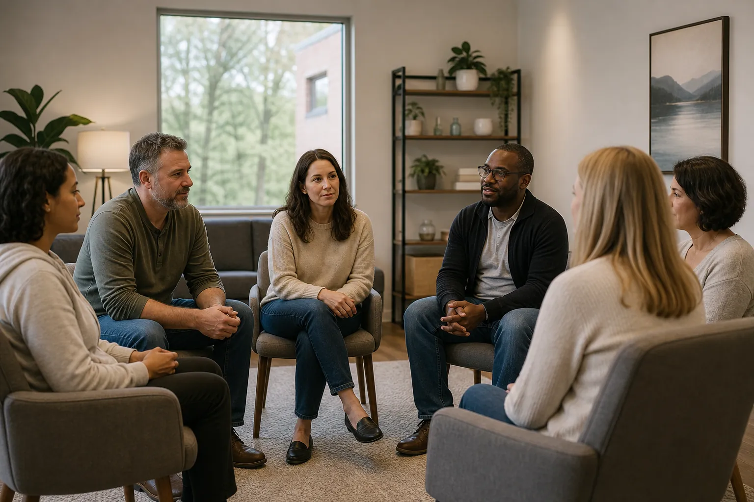 Six adults sit in a circle in a softly lit room with plants, a large window, and framed landscape art.