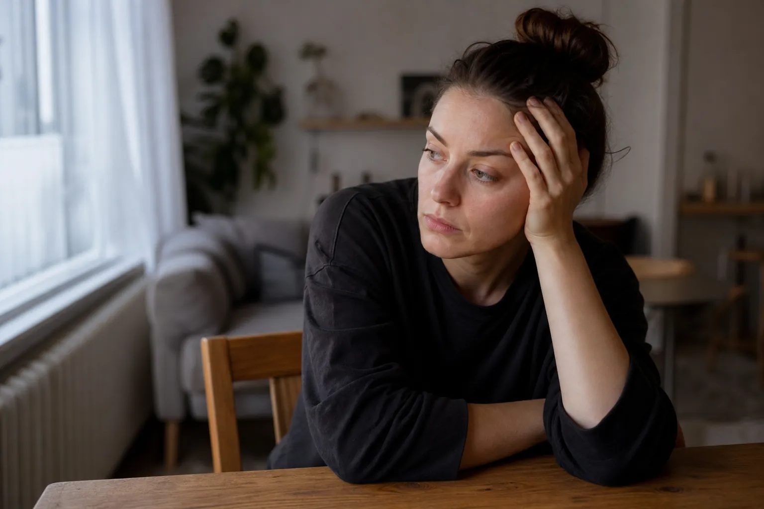 A woman in a black top sits at a wooden table, resting her hand against her temple and looking toward a window.