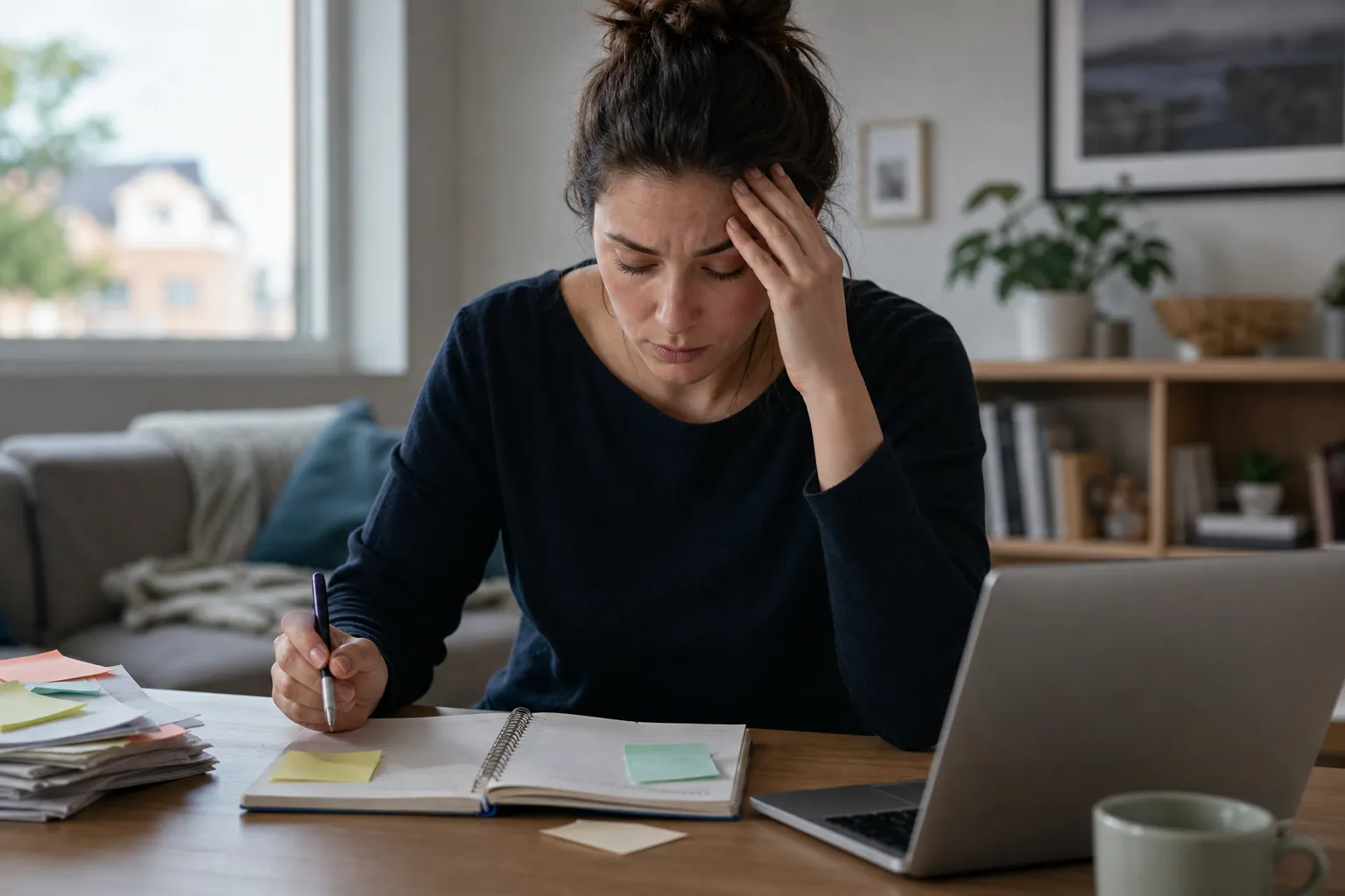 Stressed woman holding her forehead while writing in a notebook beside a laptop and scattered notes.