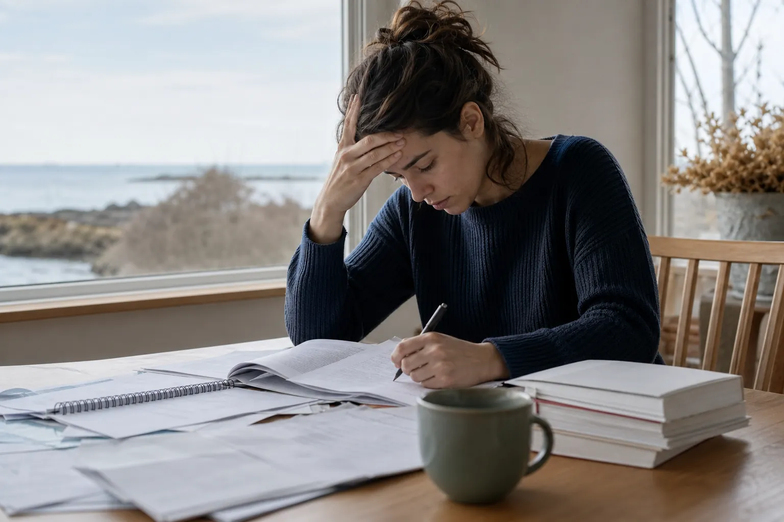 Stressed woman holds her forehead while writing among open notebooks, papers, books, and a mug by a window.