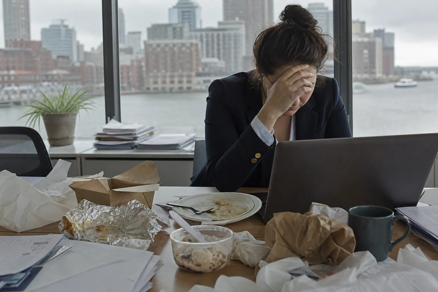 Stressed worker at a desk cluttered with food and paperwork Stressed office worker covering her face at a laptop amid takeout containers, food wrappers, dishes, and paperwork.