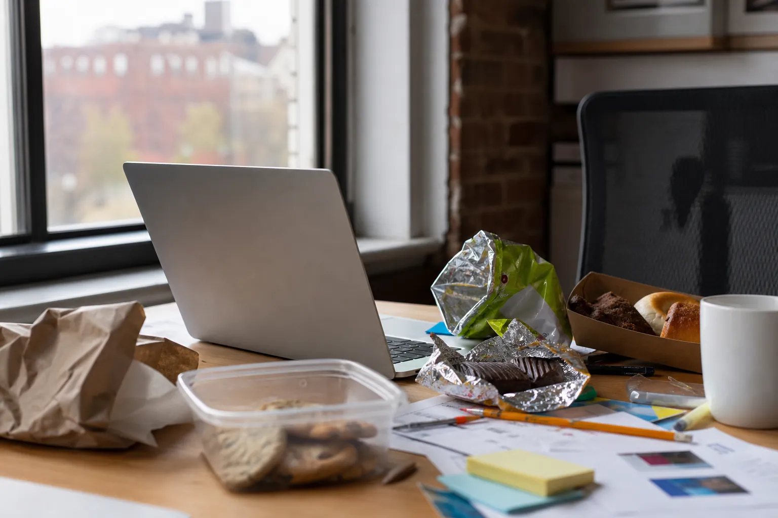 Snack-filled desk beside an open work laptop Cluttered work desk with an open laptop, snack wrappers, pastries, cookies, papers, pencils, and a coffee mug.