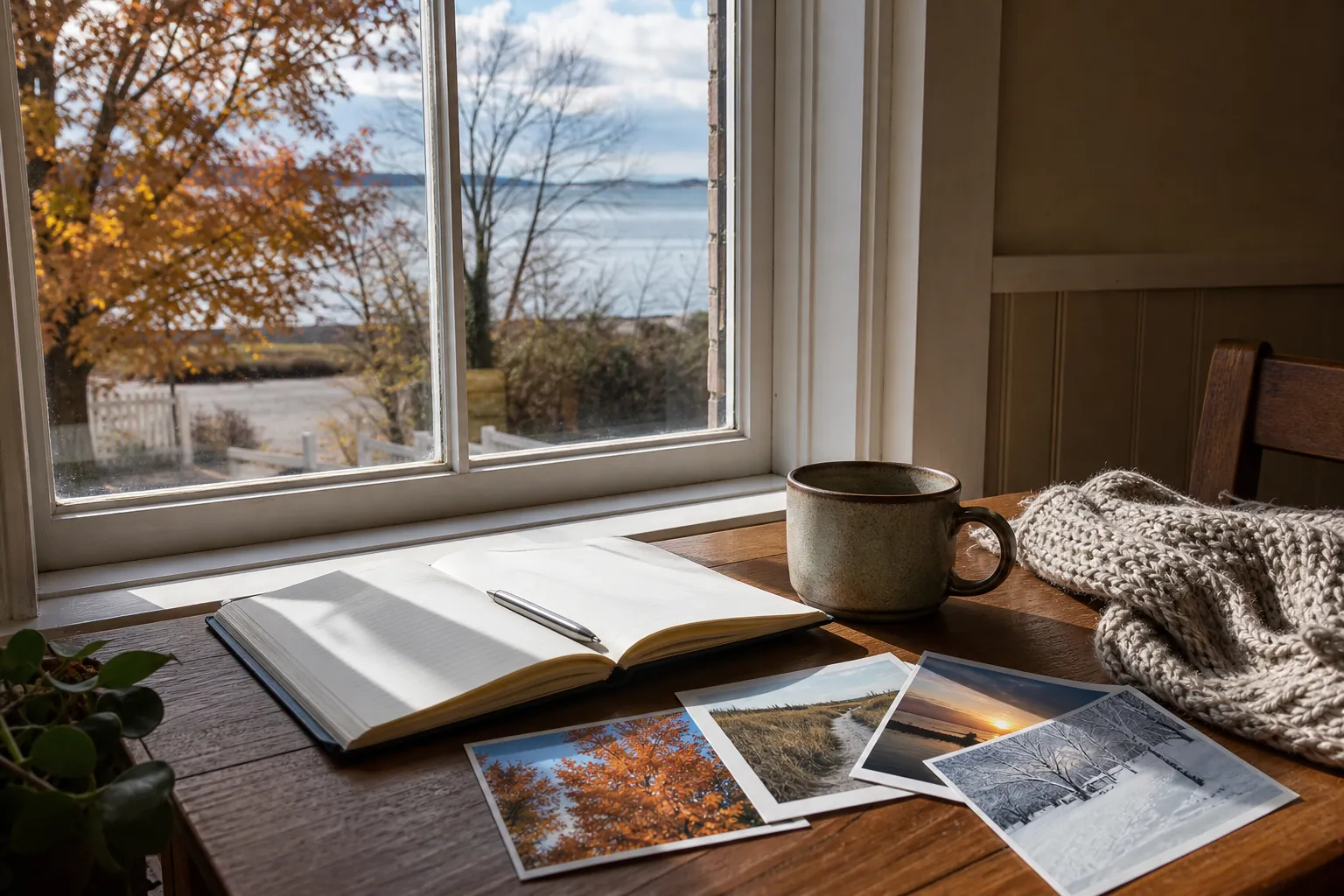Open notebook, mug, knitted blanket, and photographs of changing seasons on a sunlit table beside a window.