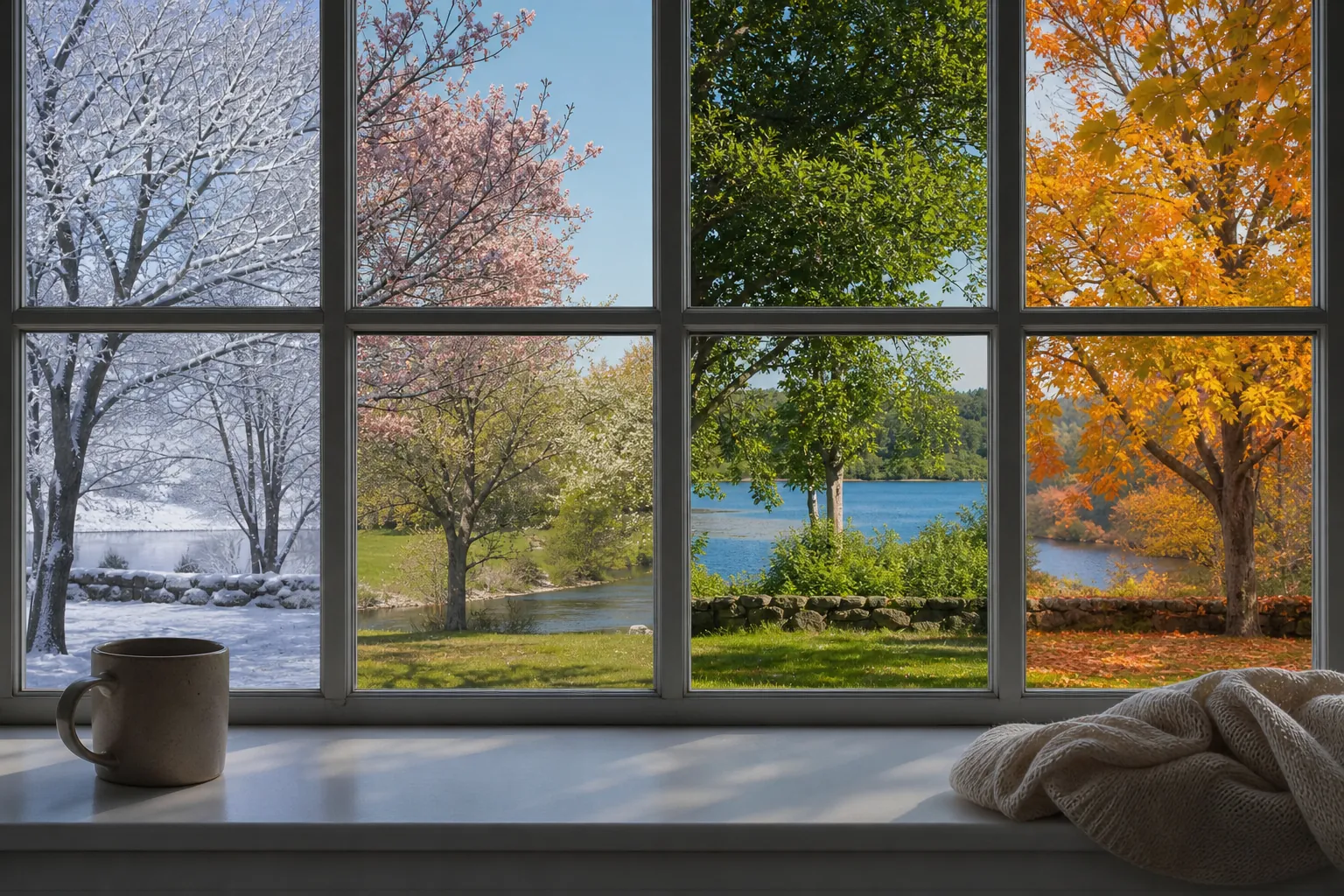 Four windowpanes show winter snow, spring blossoms, summer greenery, and autumn foliage beside a mug and blanket.