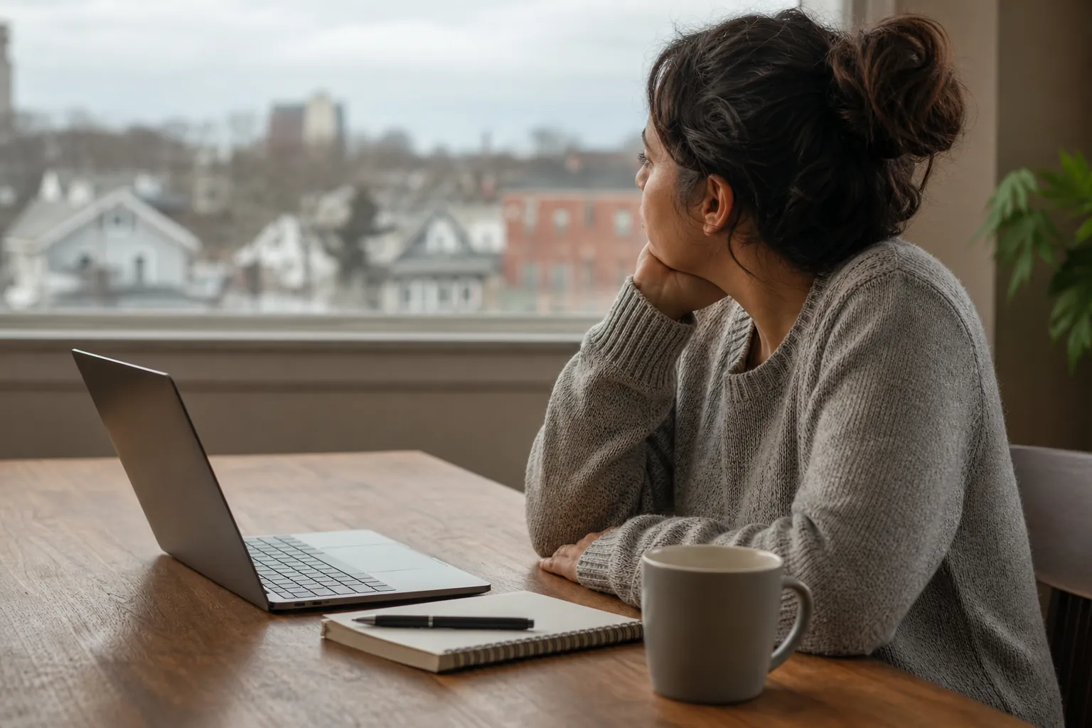 Woman seated beside an open laptop, notebook, and mug, looking through a window over a Massachusetts neighborhood.