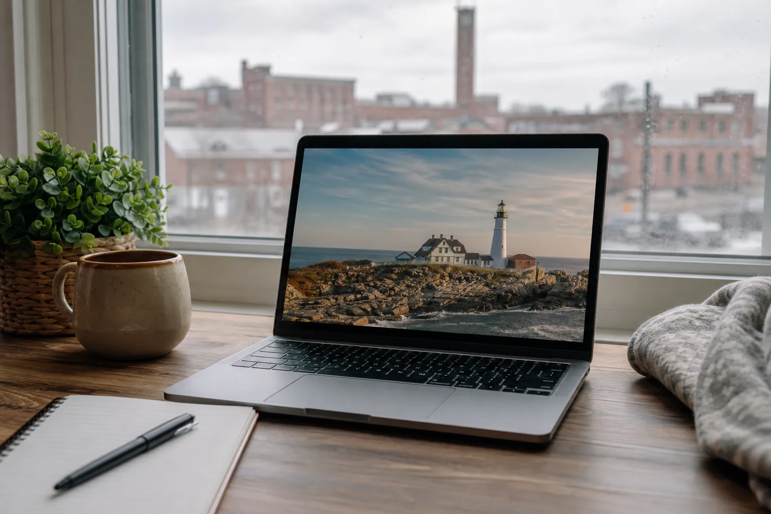 Laptop displaying a coastal lighthouse beside a mug, notebook, plant, and blanket on a wooden desk by a city window.