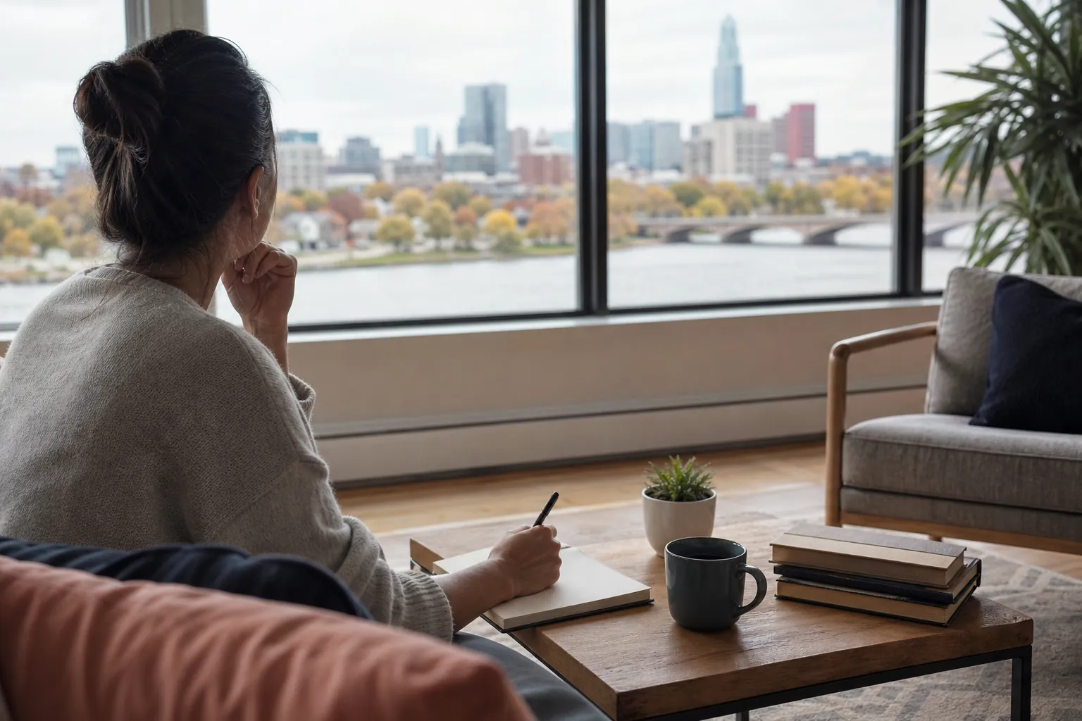 Woman writing in a notebook beside a mug while looking through large windows at a city skyline across a river.