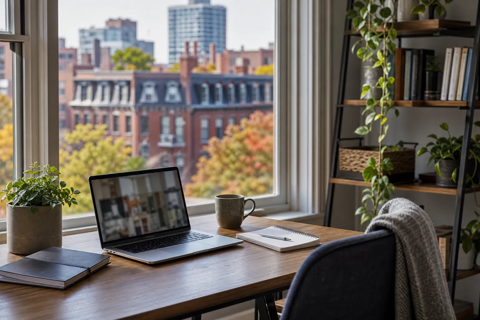 Laptop and notebook on a home desk overlooking urban buildings, suggesting a quiet setting for virtual care.