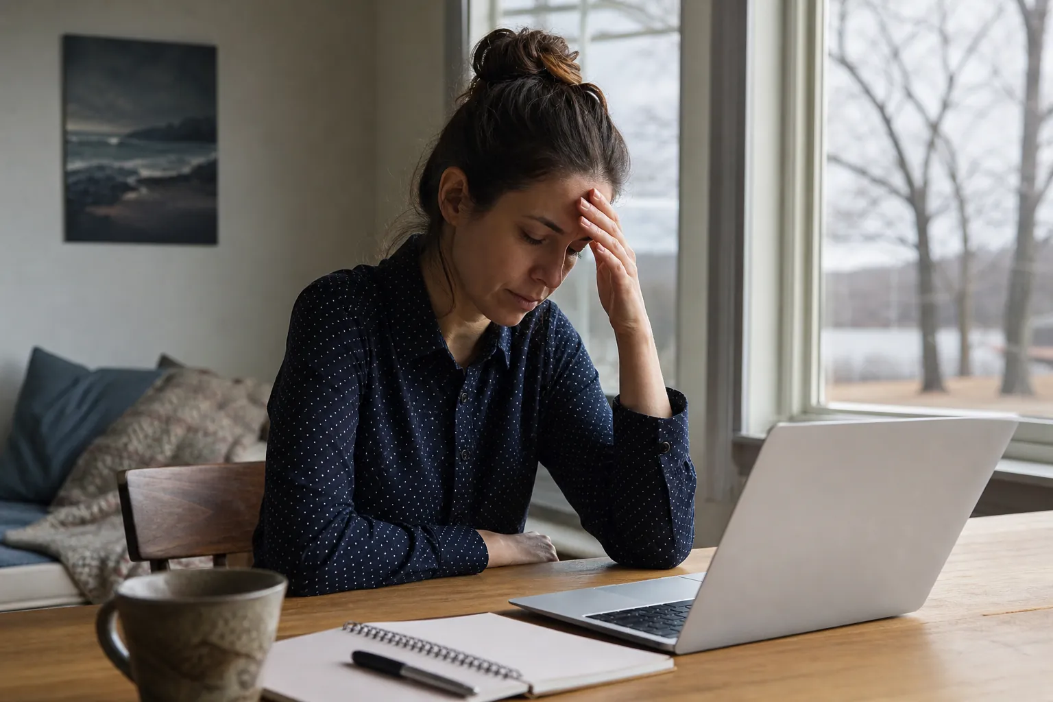 Stressed woman struggling to keep up with work at home Stressed woman holds her forehead while working on a laptop at a dining table beside a notebook and mug.