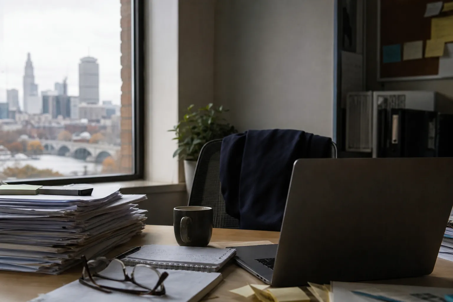 Overloaded office desk with laptop and paperwork Cluttered office desk with laptop, paperwork, notebook, glasses and coffee beside a window overlooking a city skyline.