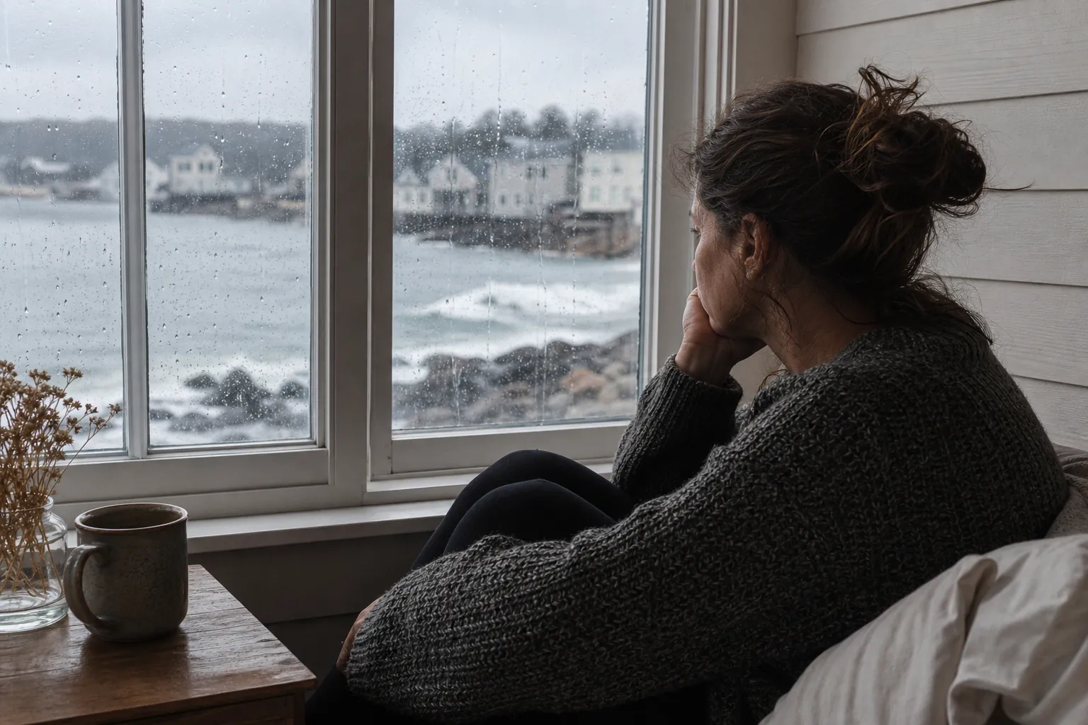 Woman gazing through a rainy coastal window A contemplative woman in a gray sweater sits by a rain-streaked window overlooking a cold coastal neighborhood.
