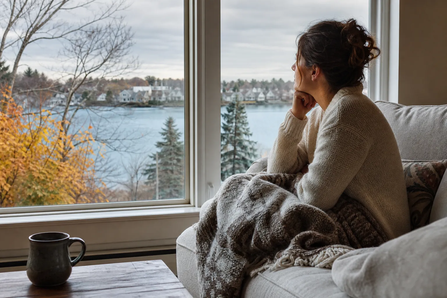 Woman gazing through a window on a cold, overcast day A woman wrapped in a blanket sits by a large window, looking across a lake at bare trees and distant homes.