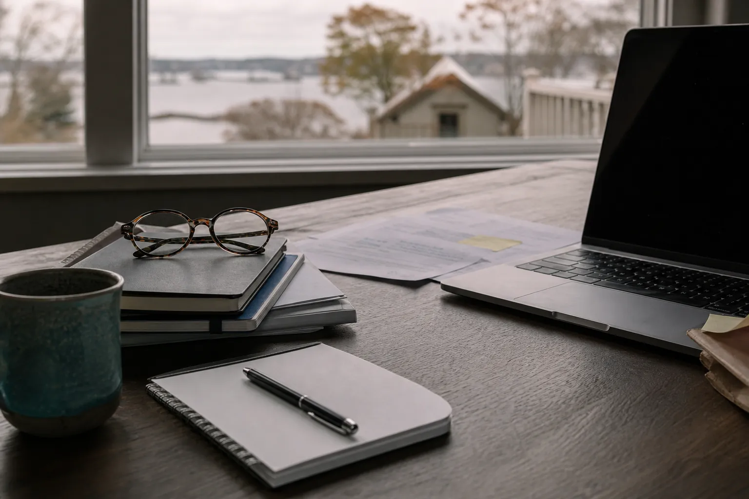 Quiet workspace with a dark laptop, scattered papers, notebooks, glasses, pen, and mug beside a window.