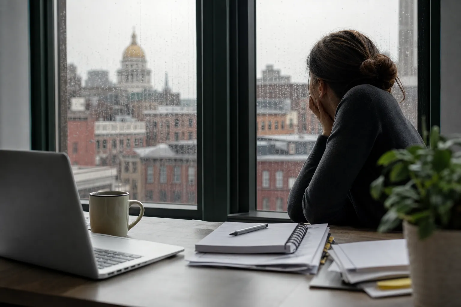 A distressed office worker covers her face beside a laptop and notebook while looking out a rain-streaked city window.