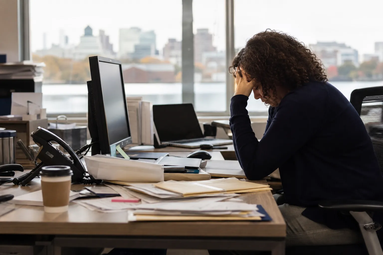 A distressed office worker rests their head in one hand at a cluttered desk with a computer, phone, papers, and coffee.