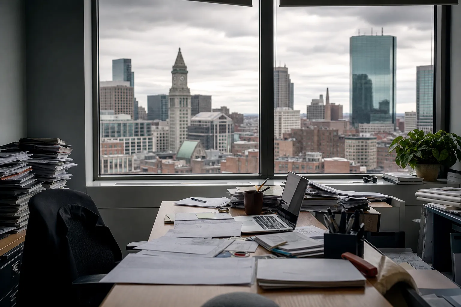 Cluttered office desk covered with paperwork and a laptop, overlooking the Boston skyline beneath gray clouds.