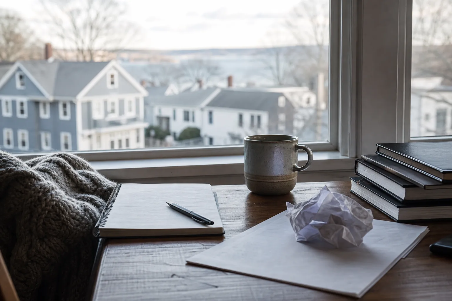 A desk by a window with a blank notebook, pen, crumpled paper, coffee mug, books, and houses outside.